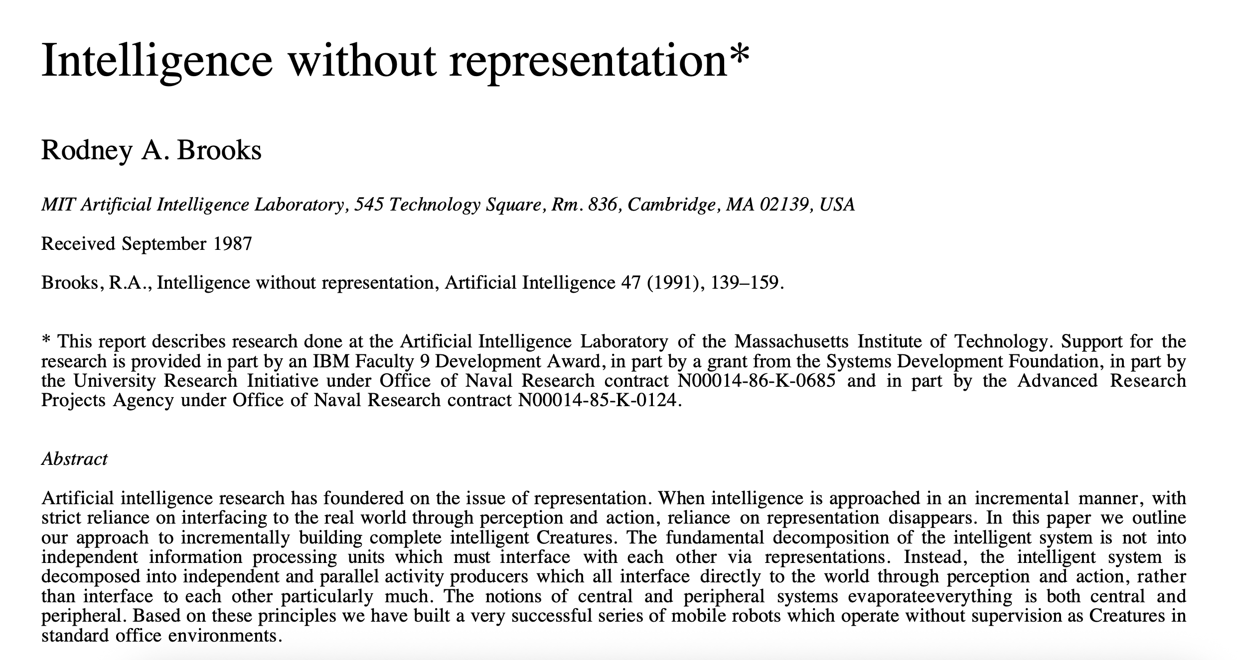 Intelligence without representation