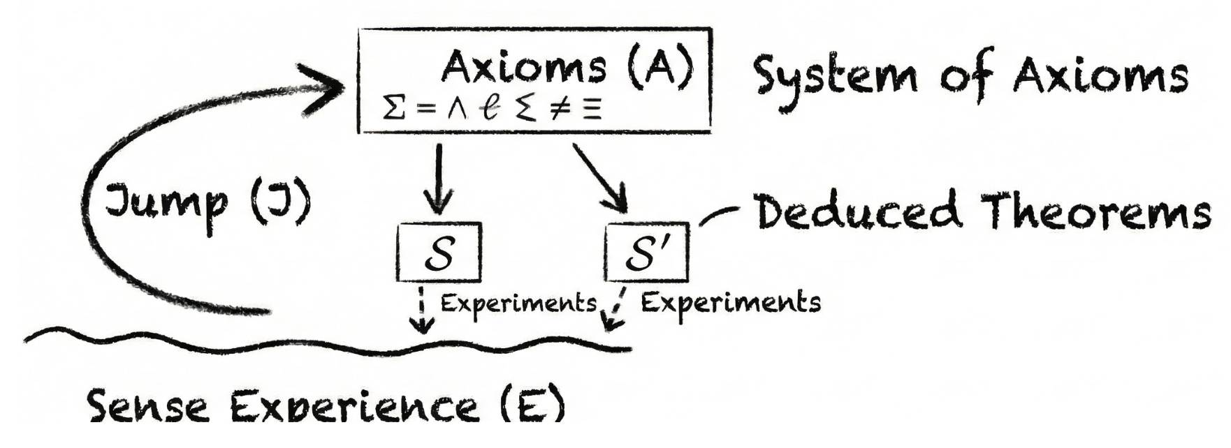 A conceptual sketch in which scientific invention requires a jump from sense experience to a system of axioms before deduction can produce testable consequences.